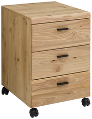 Rollcontainer aus Holz mit drei Schubladen und schwarzen Griffen, auf Rollen, seitliche Perspektive