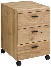 Rollcontainer aus Holz mit drei Schubladen und schwarzen Griffen, auf Rollen, seitliche Perspektive