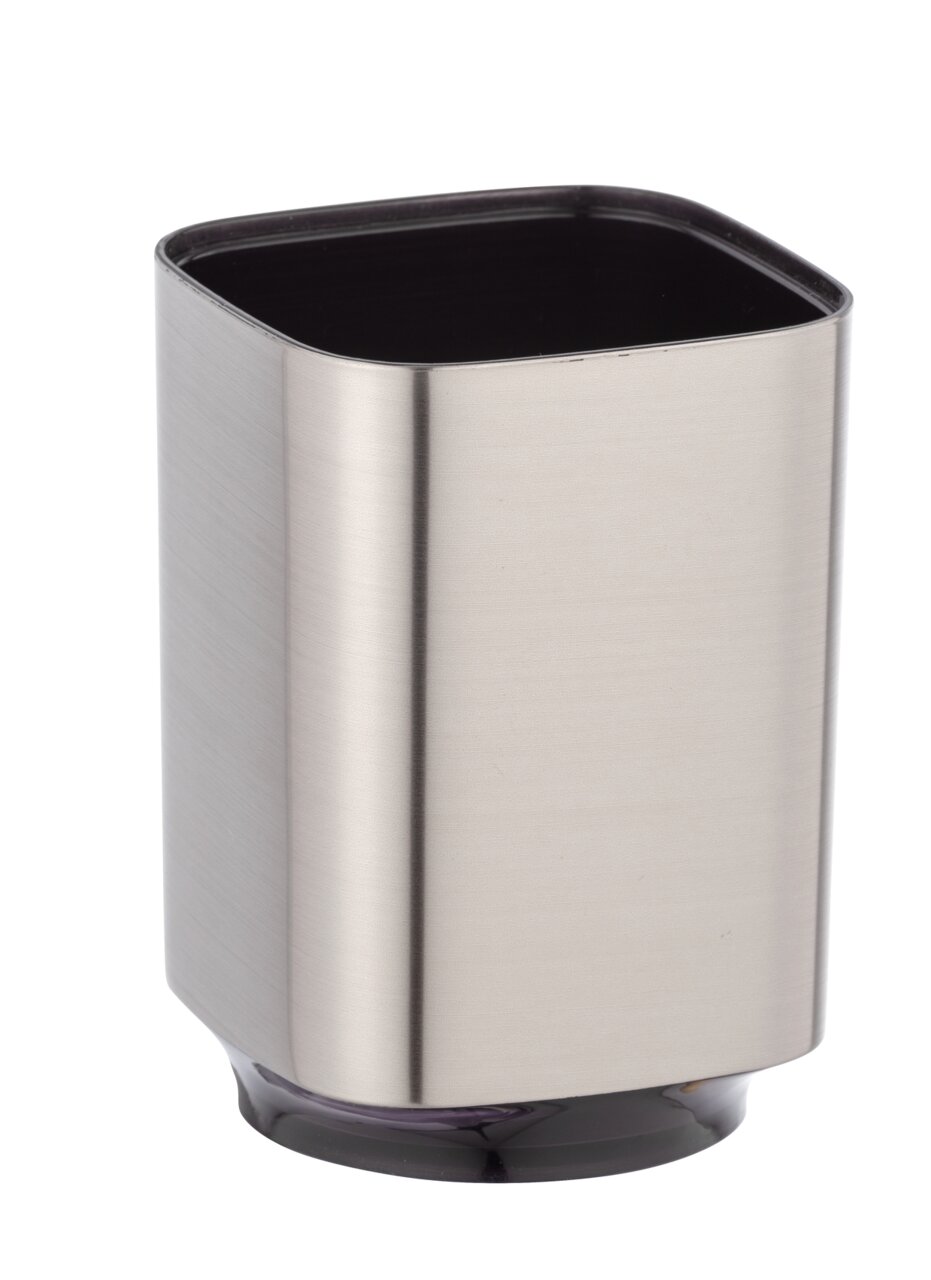 Moderner Zahnputzbecher aus Chrom in rechteckiger Form, seitliche Perspektive