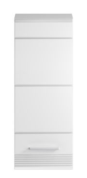 Frontansicht eines weißen Badezimmerschranks mit mehreren Schubladen und einem Griff.