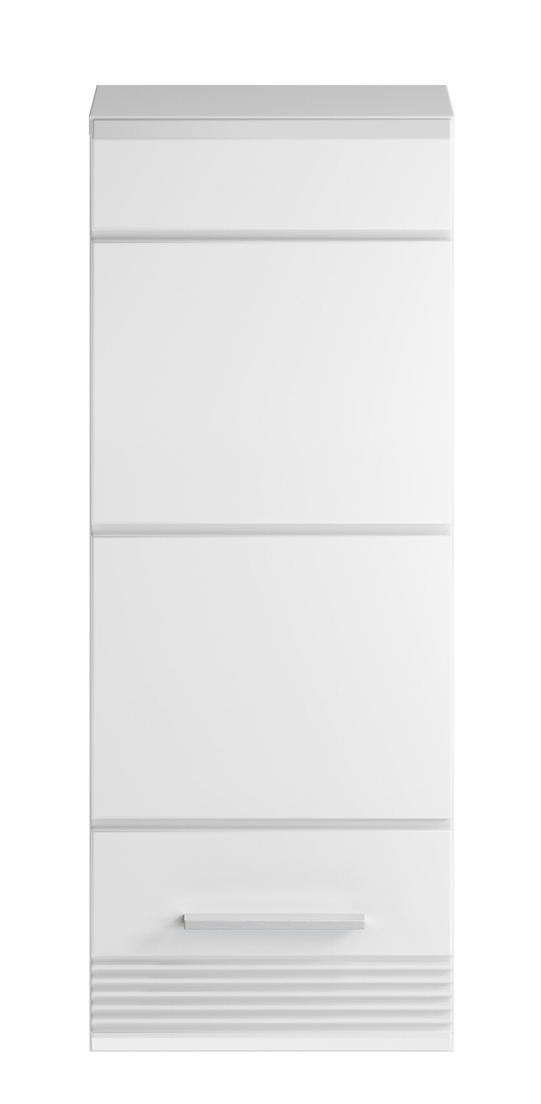 Frontansicht eines weißen Badezimmerschranks mit mehreren Schubladen und einem Griff.