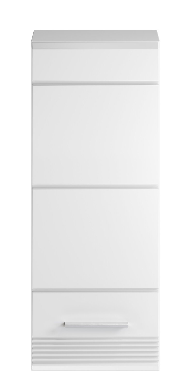 Frontansicht eines weißen Badezimmerschranks mit mehreren Schubladen und einem Griff.