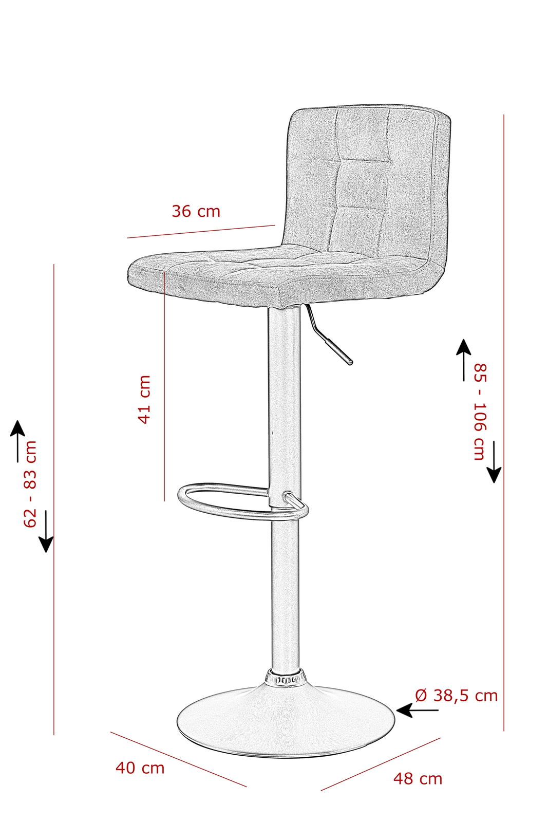 Barhocker AMANDA in seitlicher Perspektive mit verstellbarer Sitzhöhe, gepolsterter Rückenlehne und Fußstütze.