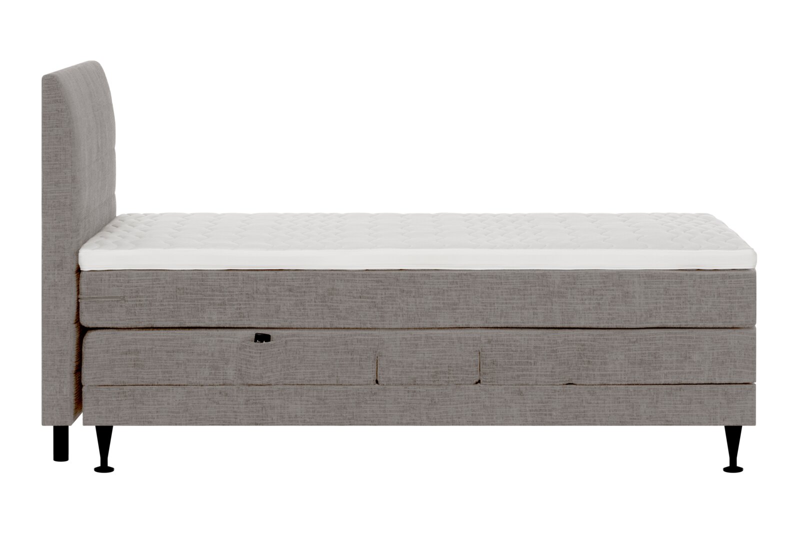 Zijaanzicht van een grijs gestoffeerd eenpersoons boxspringbed met hoog hoofdbord, wit gecapitonneerd matras en zwarte poten.