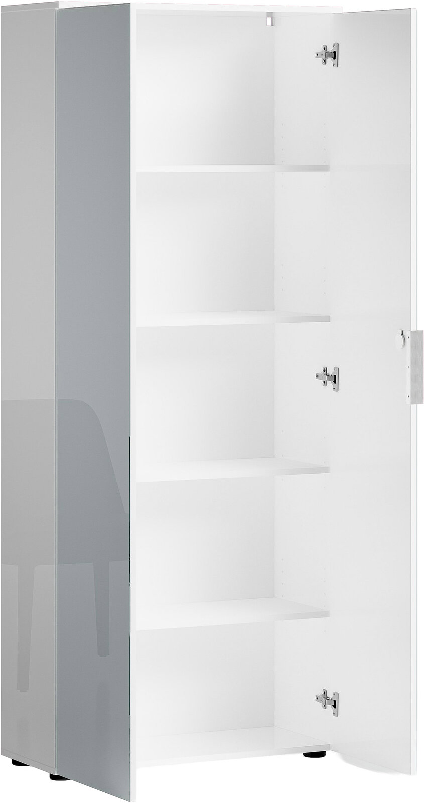 Hoher Aktenschrank mit geöffneter Tür, zeigt mehrere Regalböden, Perspektive von vorne.