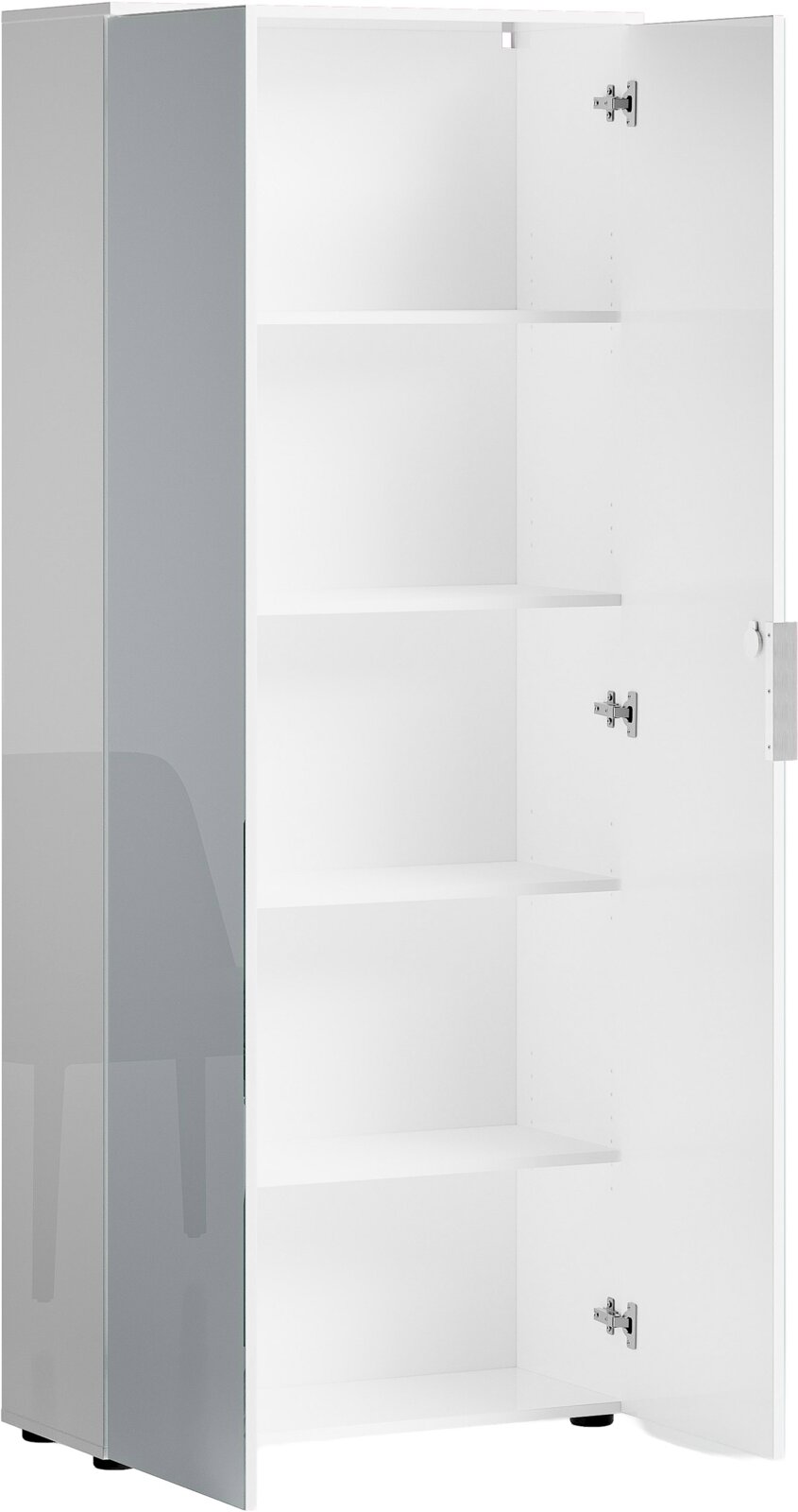 Hoher Aktenschrank mit geöffneter Tür, zeigt mehrere Regalböden, Perspektive von vorne.