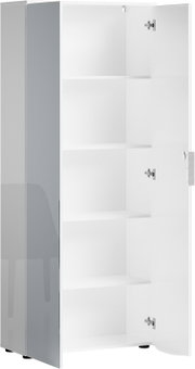 Hoher Aktenschrank mit geöffneter Tür, zeigt mehrere Regalböden, Perspektive von vorne.