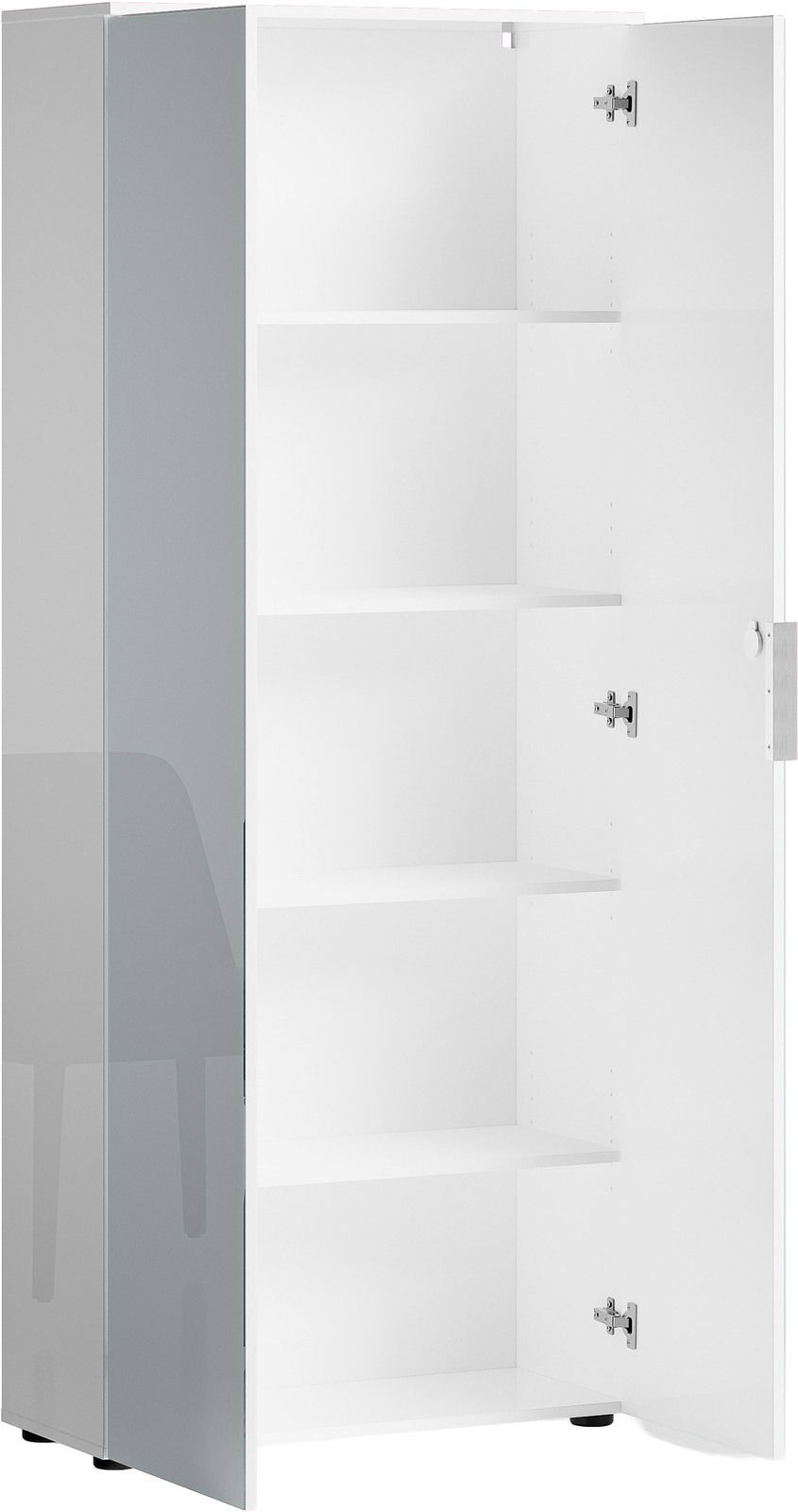 Hoher Aktenschrank mit geöffneter Tür, zeigt mehrere Regalböden, Perspektive von vorne.