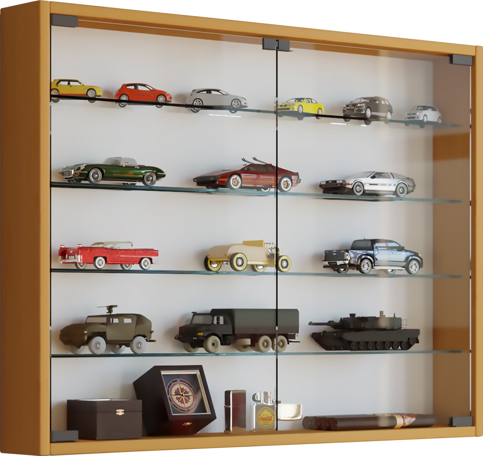 Wandvitrine mit Holzrahmen und Glasschiebetüren, bestückt mit Modellautos und Modellfahrzeugen auf Glasböden, Ansicht schräg von vorn