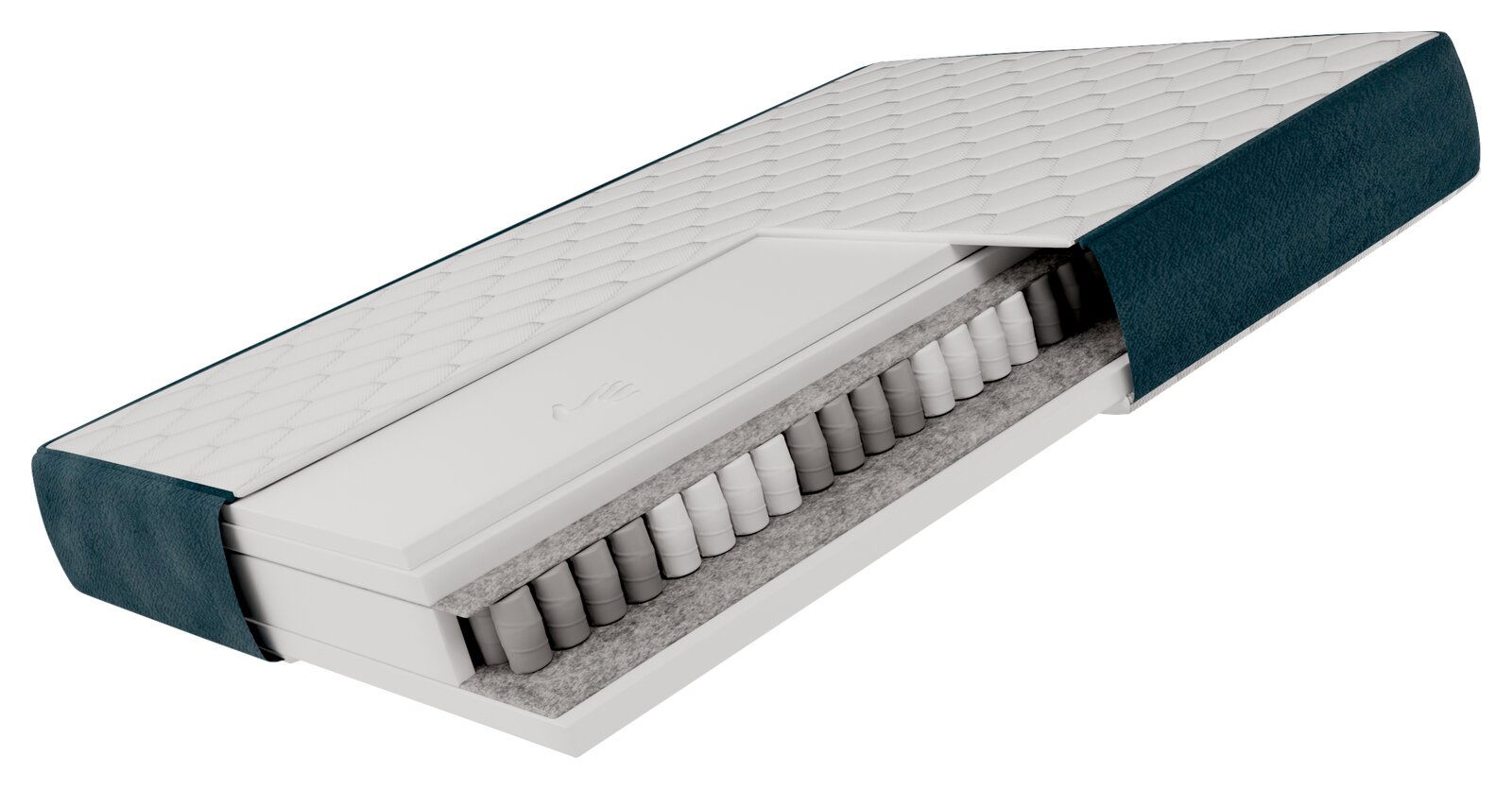 Querschnitt einer Matratze mit sichtbaren Taschenfedern und einem gesteppten Bezug, seitliche Perspektive