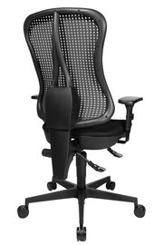 Rückansicht eines ergonomischen Drehstuhls mit Netzrückenlehne und verstellbaren Armlehnen.