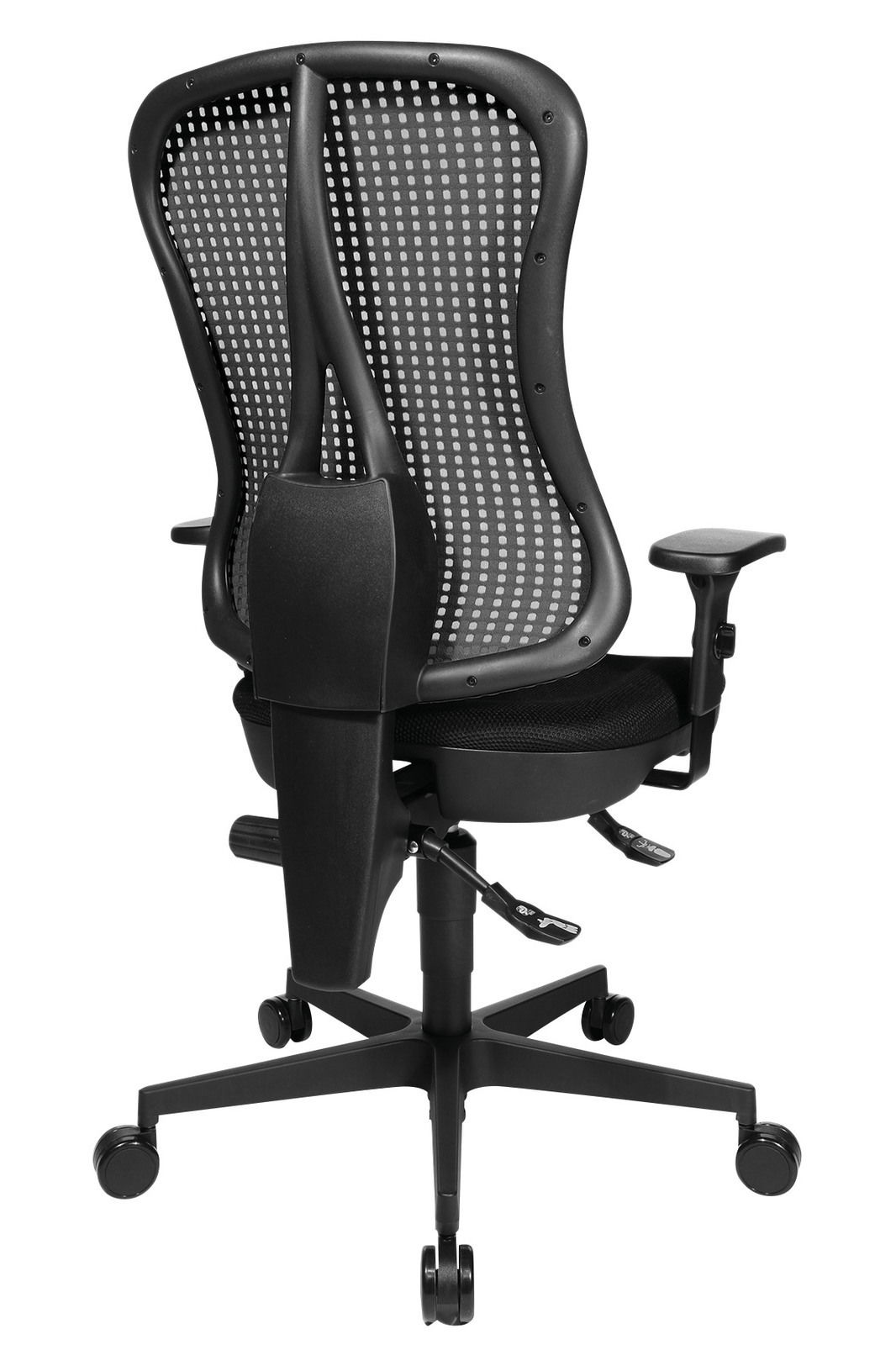 Rückansicht eines ergonomischen Drehstuhls mit Netzrückenlehne und verstellbaren Armlehnen.
