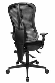 Achterkant van een ergonomische draaistoel met rugleuning van gaas en verstelbare armleuningen.