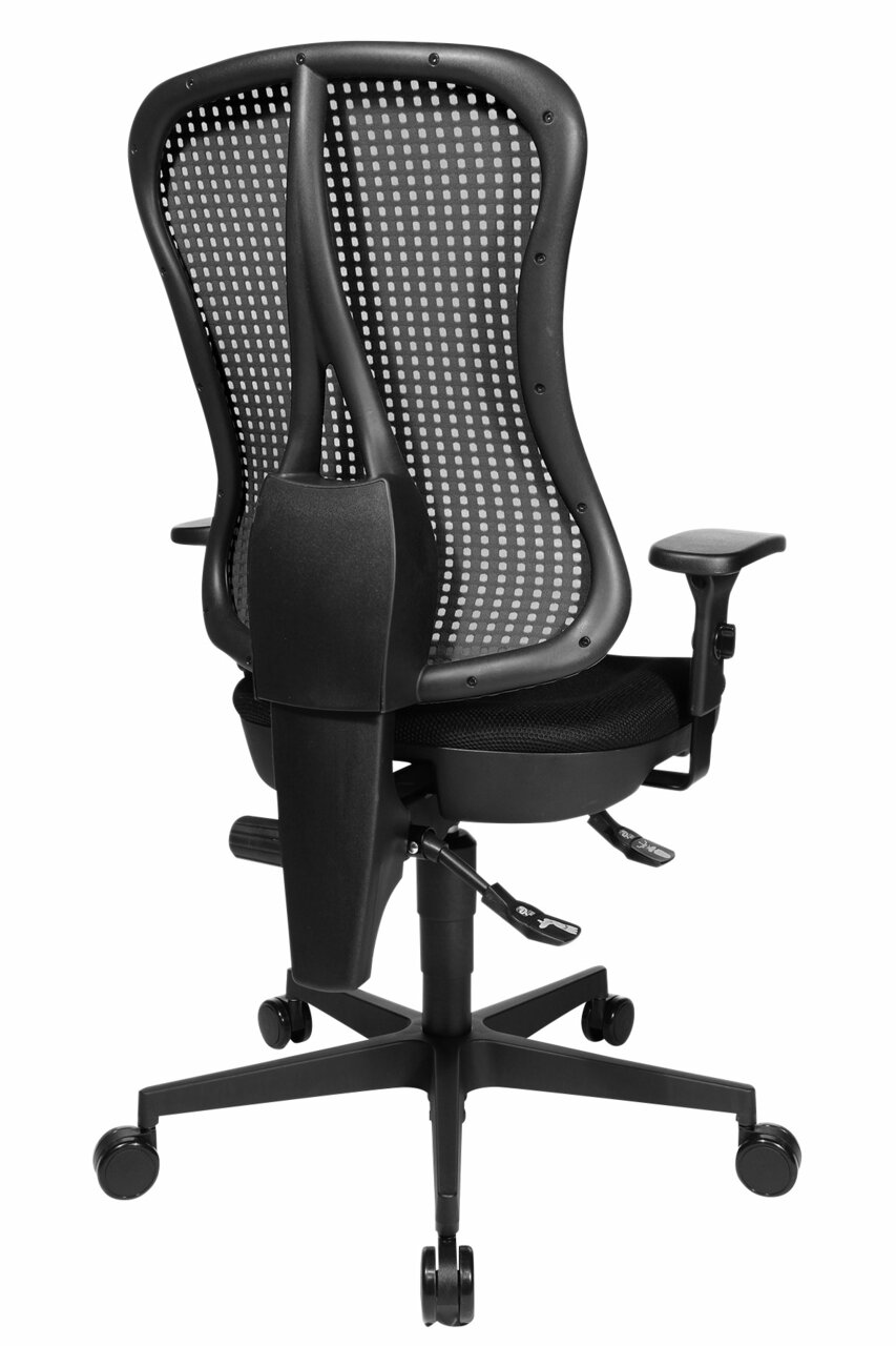 Achterkant van een ergonomische draaistoel met rugleuning van gaas en verstelbare armleuningen.