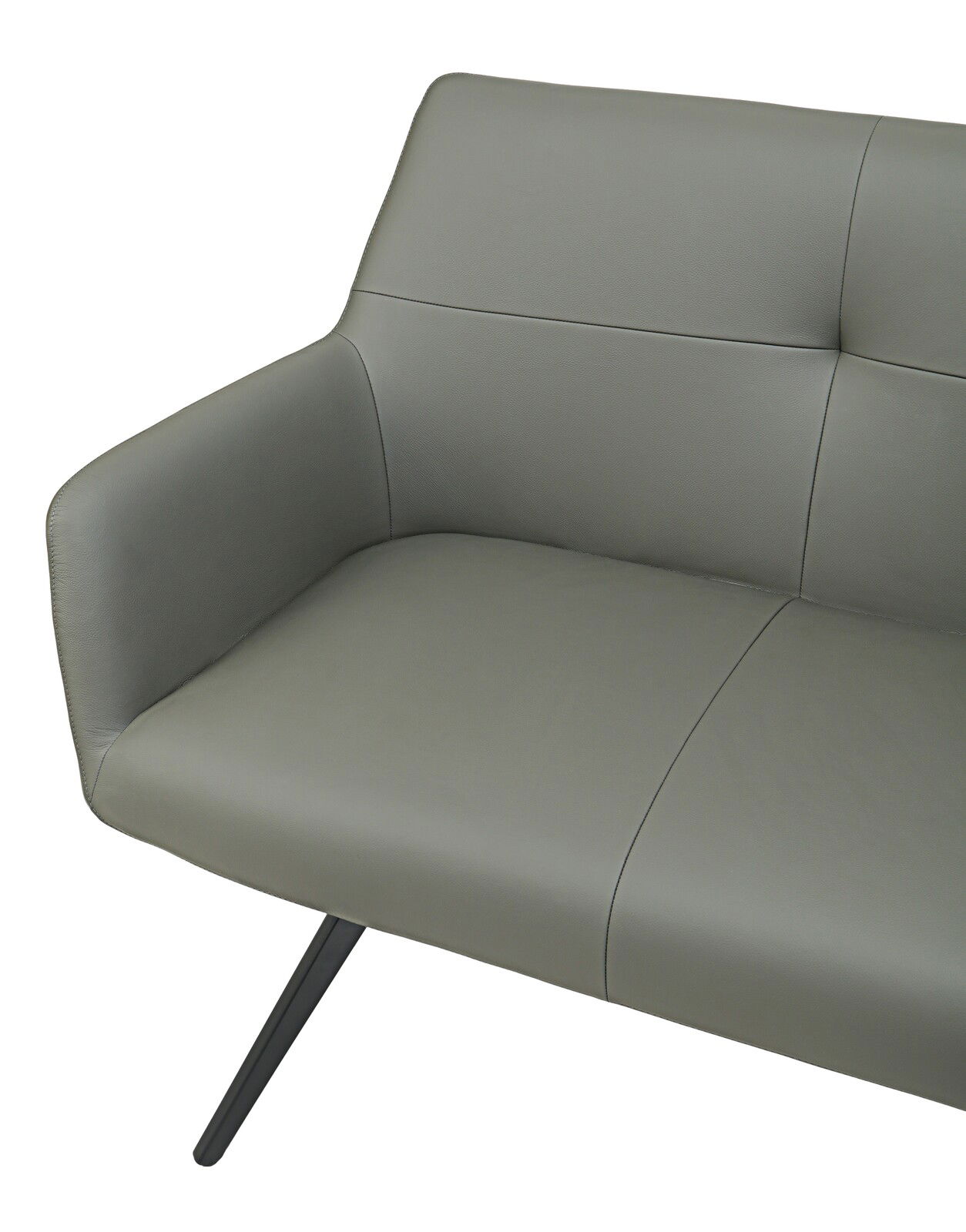 Detailansicht einer grauen Bank mit modernem Design und schrägen Metallbeinen.
