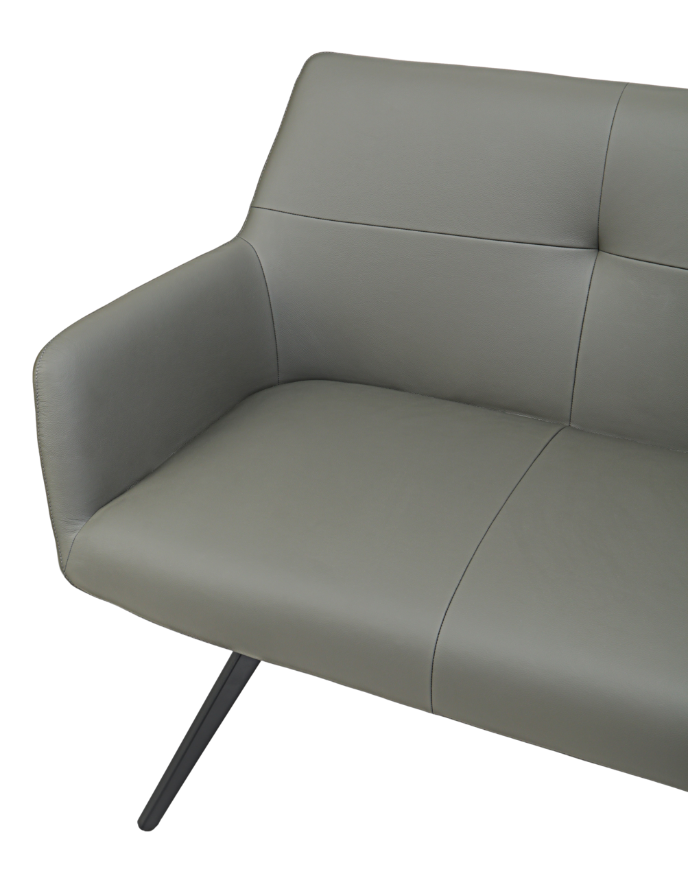 Detailansicht einer grauen Bank mit modernem Design und schrägen Metallbeinen.