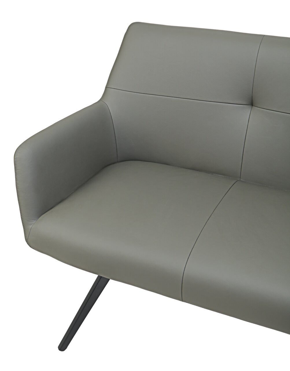 Detailansicht einer grauen Bank mit modernem Design und schrägen Metallbeinen.
