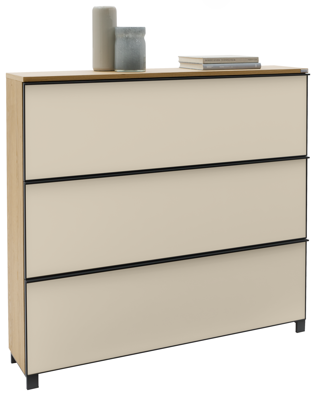 Dieter Knoll XL-Schuhschrank ATINA XL-Schuhschrank in hellem Holzdesign mit drei Schubladen, dekoriert mit zwei Vasen und Büchern, seitliche Perspektive