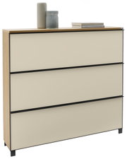 XL-schoenenkast in licht houten design met drie lades, versierd met twee vazen en boeken, zijaanzicht