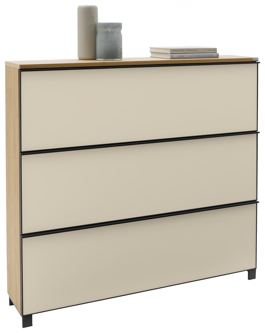 XL-schoenenkast in licht houten design met drie lades, versierd met twee vazen en boeken, zijaanzicht