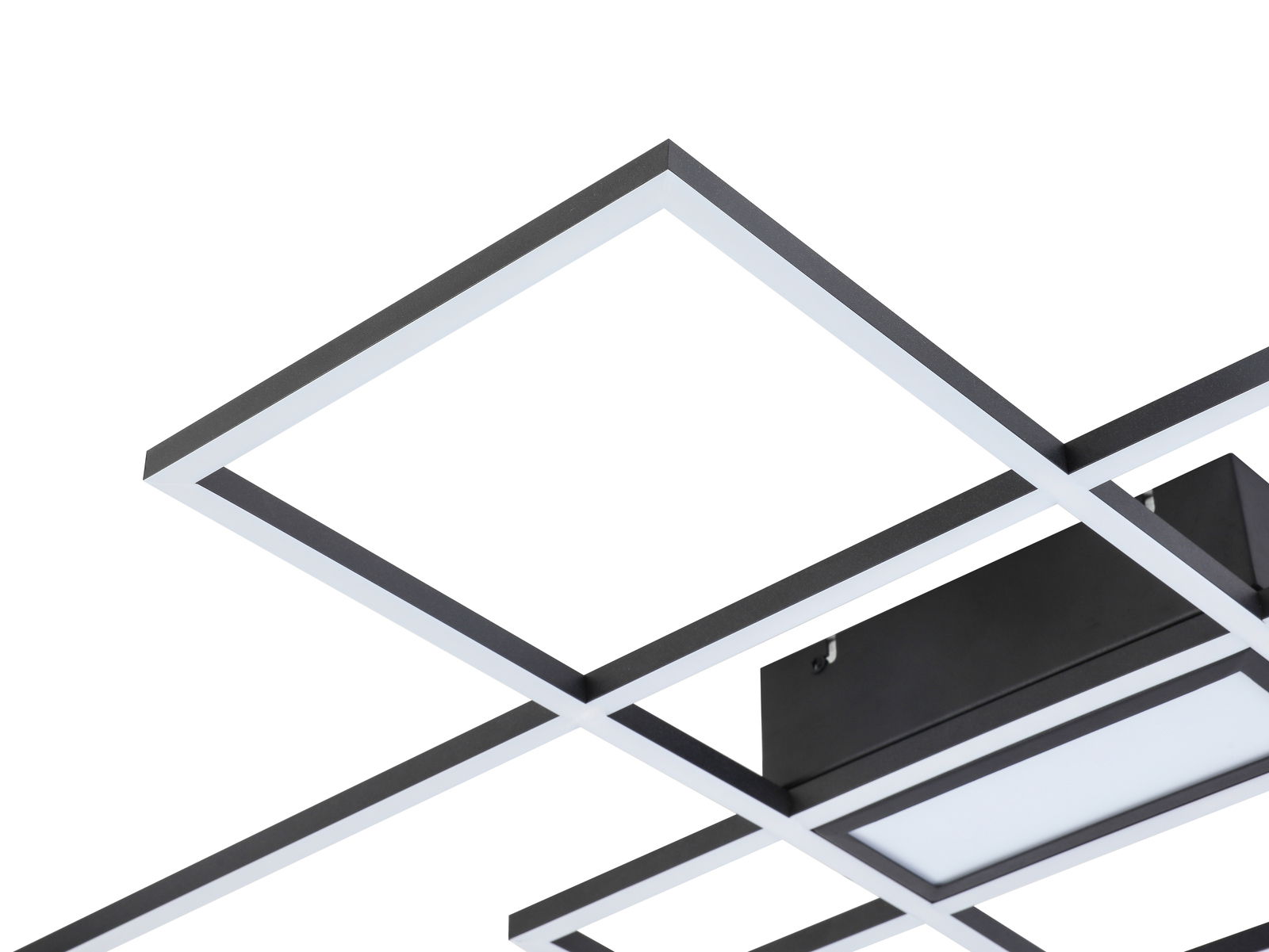 Moderne LED-Deckenleuchte mit geometrischem Design, seitliche Perspektive