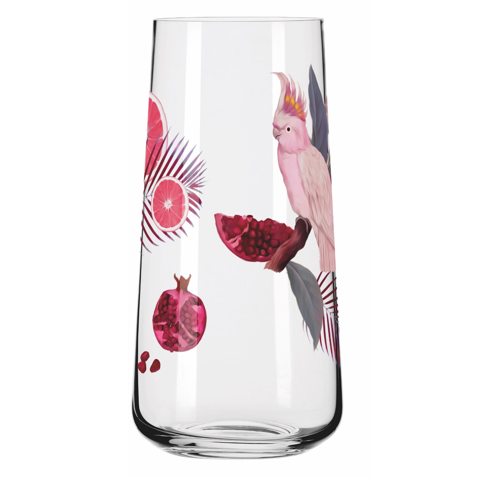 Glas mit tropischem Design, zeigt einen Kakadu, Granatapfel und Grapefruit, seitliche Perspektive