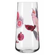 Glas mit tropischem Design, zeigt einen Kakadu, Granatapfel und Grapefruit, seitliche Perspektive