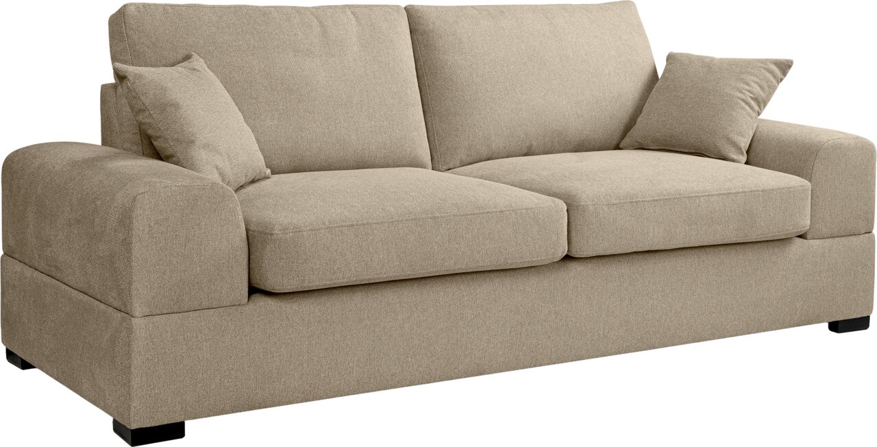MID.YOU VEDA driezitsbank Beiges 2-Sitzer-Sofa mit Stoffbezug, breiten Armlehnen und zwei Rückenkissen, freigestellt auf weißem Hintergrund, Ansicht schräg von vorne.