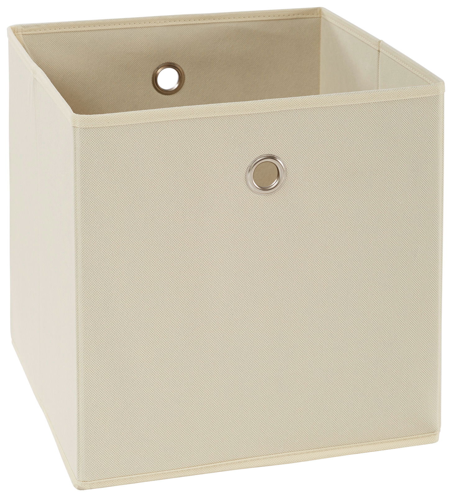 Carryhome Stoffbox CUBUS Beige Stoffbox mit Metallösen, perspektivisch von vorne links fotografiert.