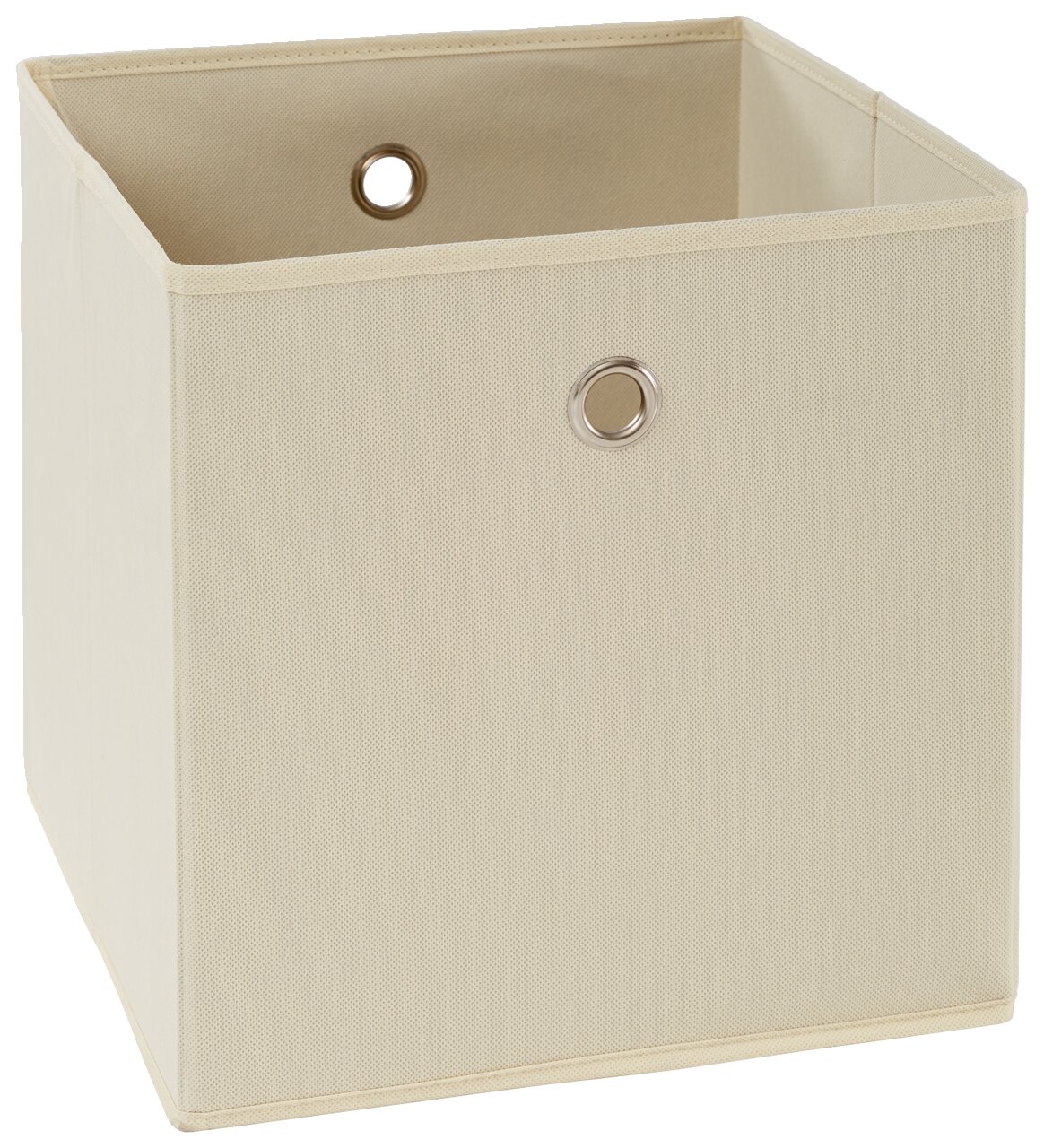 Carryhome Stoffenkist CUBUS Beige stoffen doos met metalen oogjes, gefotografeerd vanuit perspectief van linksvoor.