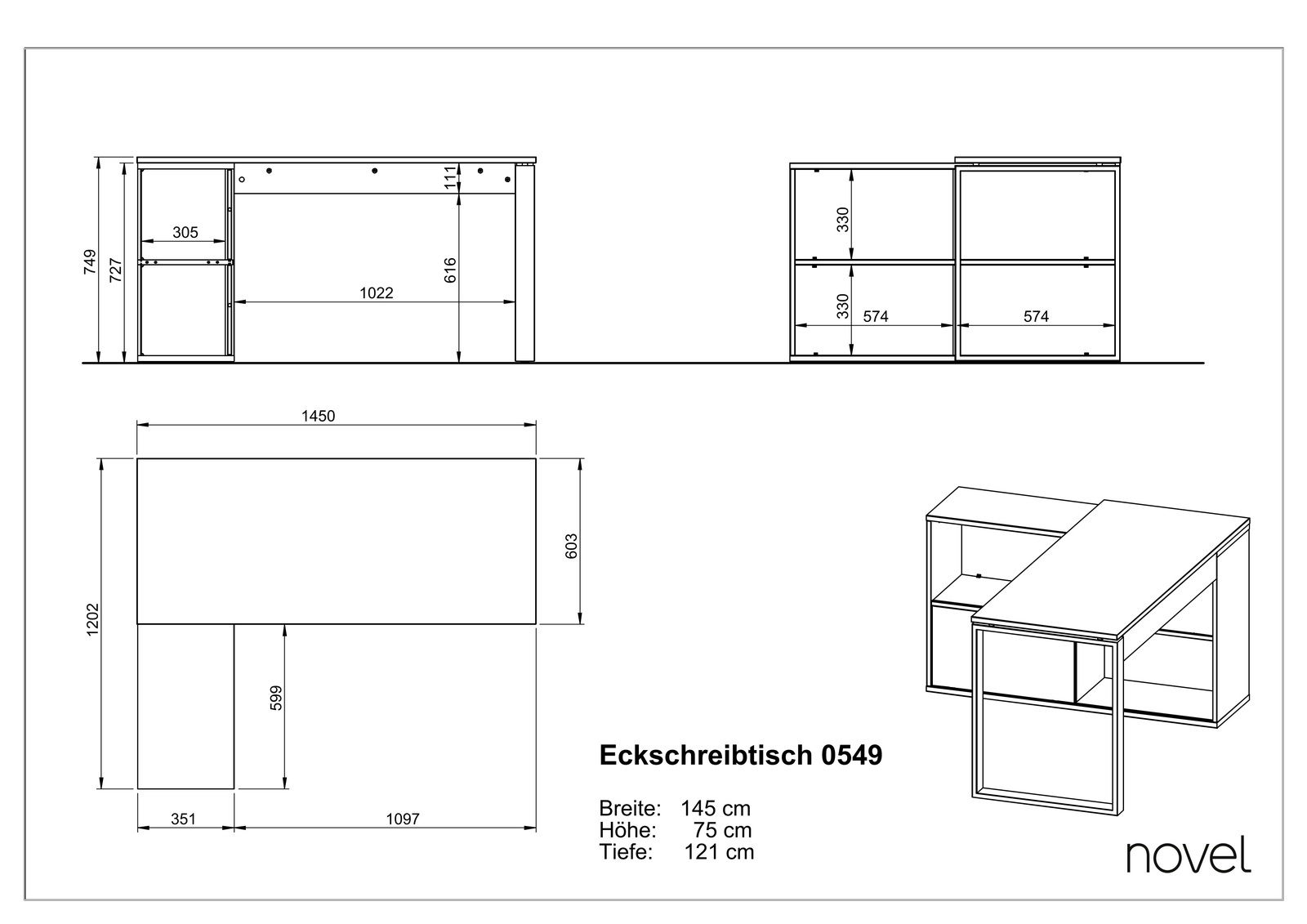 Technische Zeichnung eines Winkelschreibtischs mit den Maßen: Breite 145 cm, Höhe 75 cm, Tiefe 121 cm. Perspektive von oben und seitlich.