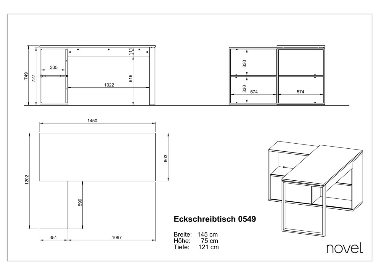 Technische Zeichnung eines Winkelschreibtischs mit den Maßen: Breite 145 cm, Höhe 75 cm, Tiefe 121 cm. Perspektive von oben und seitlich.
