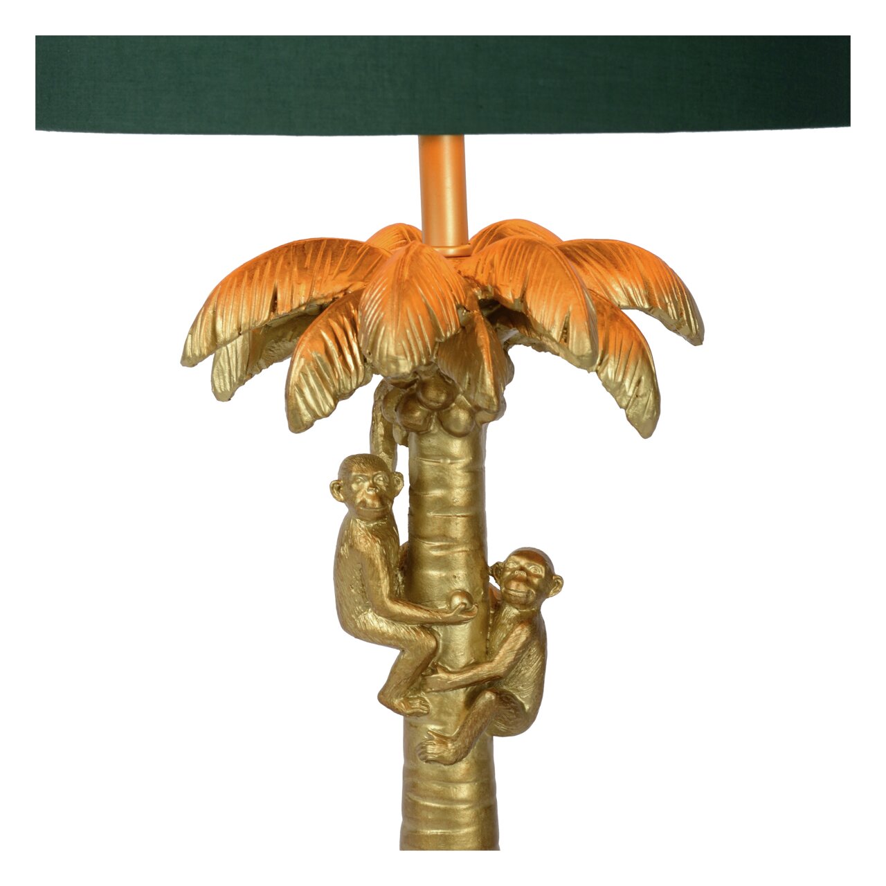 Goldene Tischlampe in Form einer Palme mit zwei Affen, die den Stamm hinaufklettern. Perspektive: Frontalansicht.