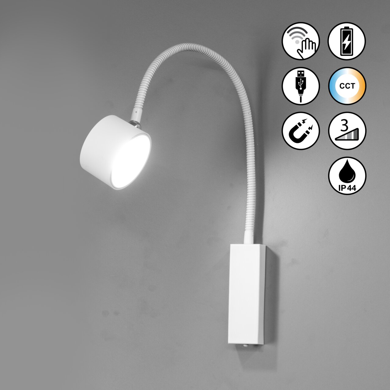 Wandspot mit flexiblem Arm und modernem Design, seitliche Perspektive, mit Symbolen für Touch-Bedienung, USB-Anschluss, magnetische Befestigung, CCT-Farbtemperatur, IP44-Schutz und Energieeffizienz.