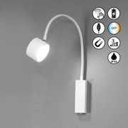 Wandspot met flexibele arm en modern design, zijaanzicht, met pictogrammen voor touchbediening, USB-aansluiting, magnetische bevestiging, CCT-kleurtemperatuur, IP44-bescherming en energiezuinigheid.