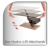 Moderner Couchtisch mit Ilse-Hydro-Lift-Mechanik, perspektivisch von der Seite gezeigt, mit verstellbarer Glasplatte und Holzfuß.