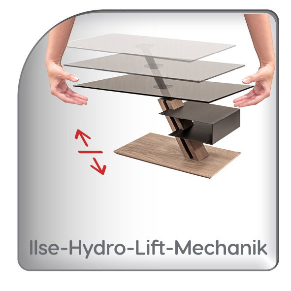 Moderner Couchtisch mit Ilse-Hydro-Lift-Mechanik, perspektivisch von der Seite gezeigt, mit verstellbarer Glasplatte und Holzfuß.