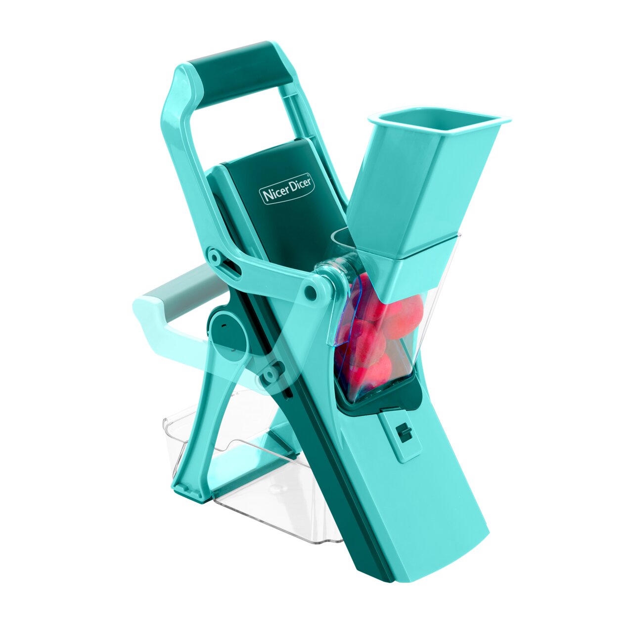 Nicer Dicer Mando, Set 10-tlg., in seitlicher Perspektive mit grünem Gehäuse und transparentem Behälter, gefüllt mit roten Früchten.