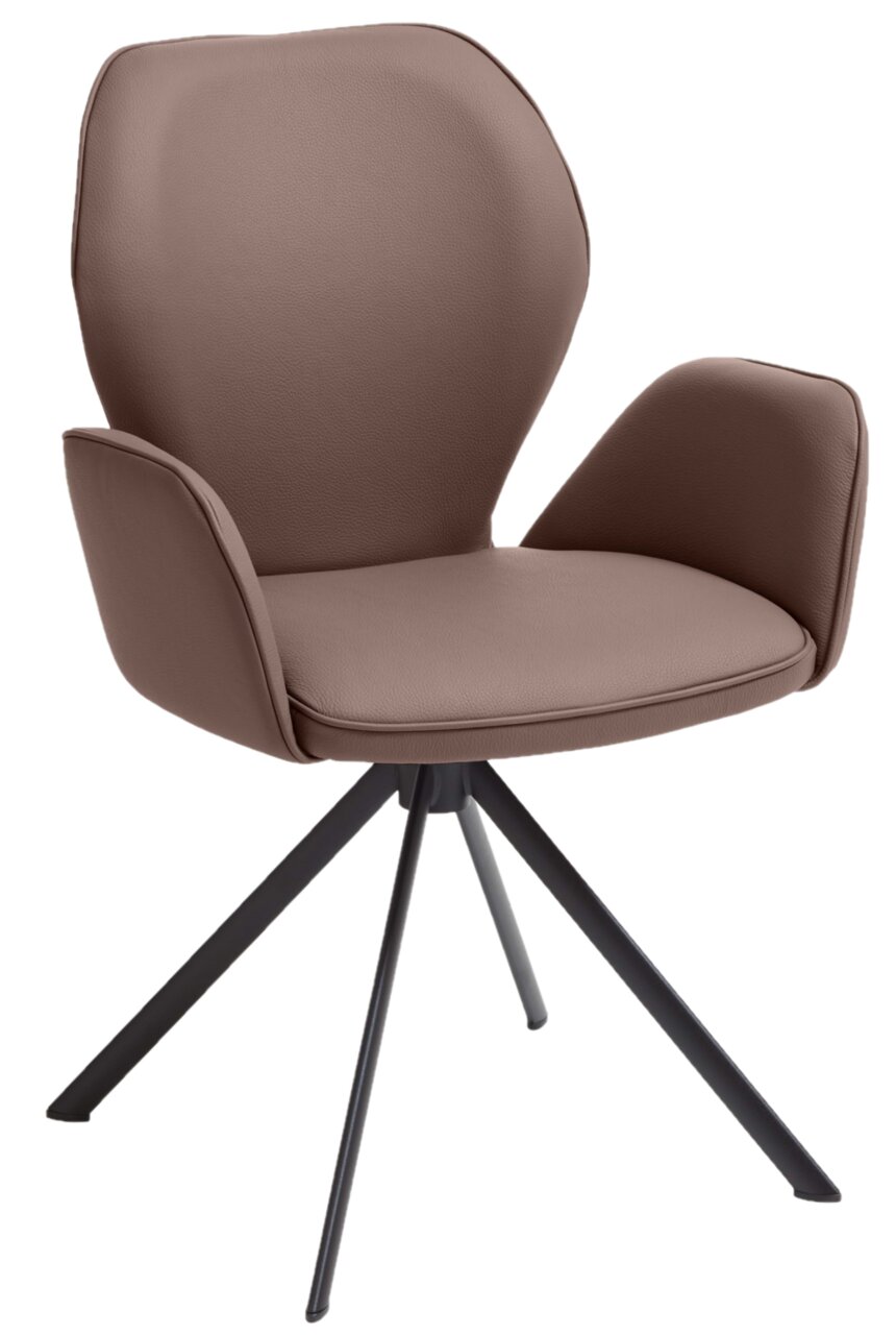 Moderner brauner Sessel mit gepolstertem Sitz und Rückenlehne, Armlehnen und schwarzem Metallgestell, seitliche Perspektive.