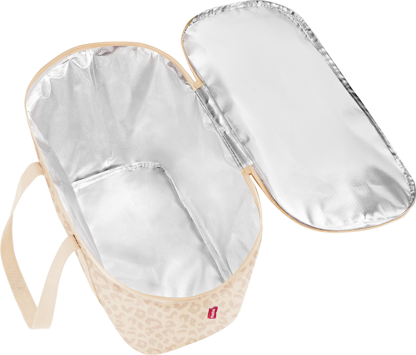 Offene, beige Kühltasche mit dezentem Muster und Tragegriffen, innen silberfarben isoliert, in schräger Draufsicht auf weißem Hintergrund