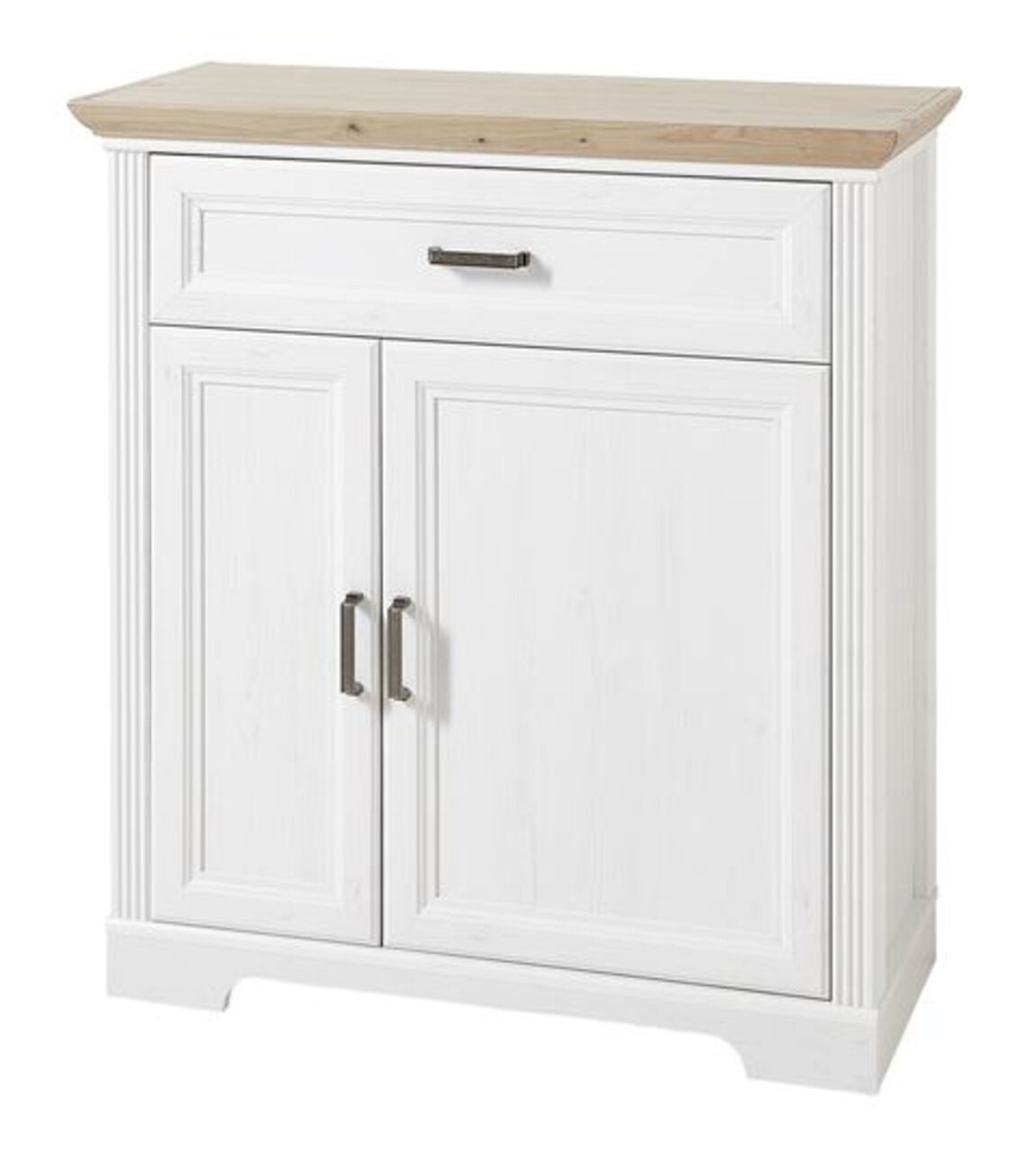 Weißer Schuhschrank mit Holzplatte, einer Schublade und zwei Türen, Frontalansicht