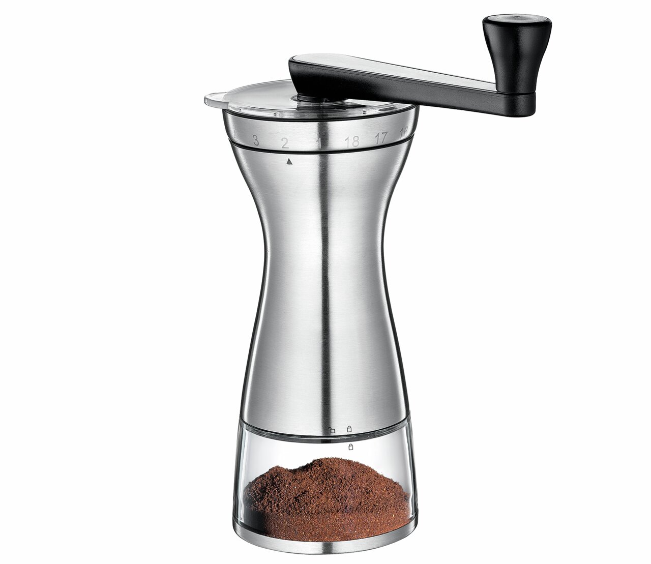 Kaffeemühle aus Edelstahl mit Kurbel, seitliche Ansicht