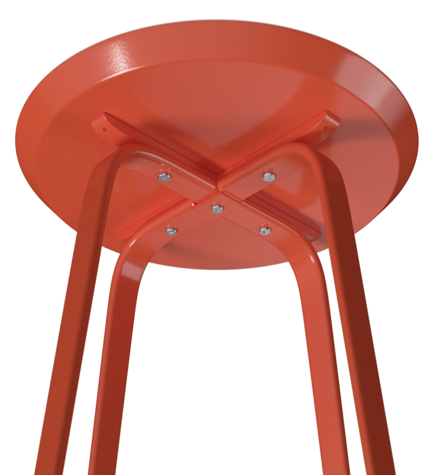 Unteransicht eines orangefarbenen Beistelltisches mit Metallbeinen und runder Tischplatte.