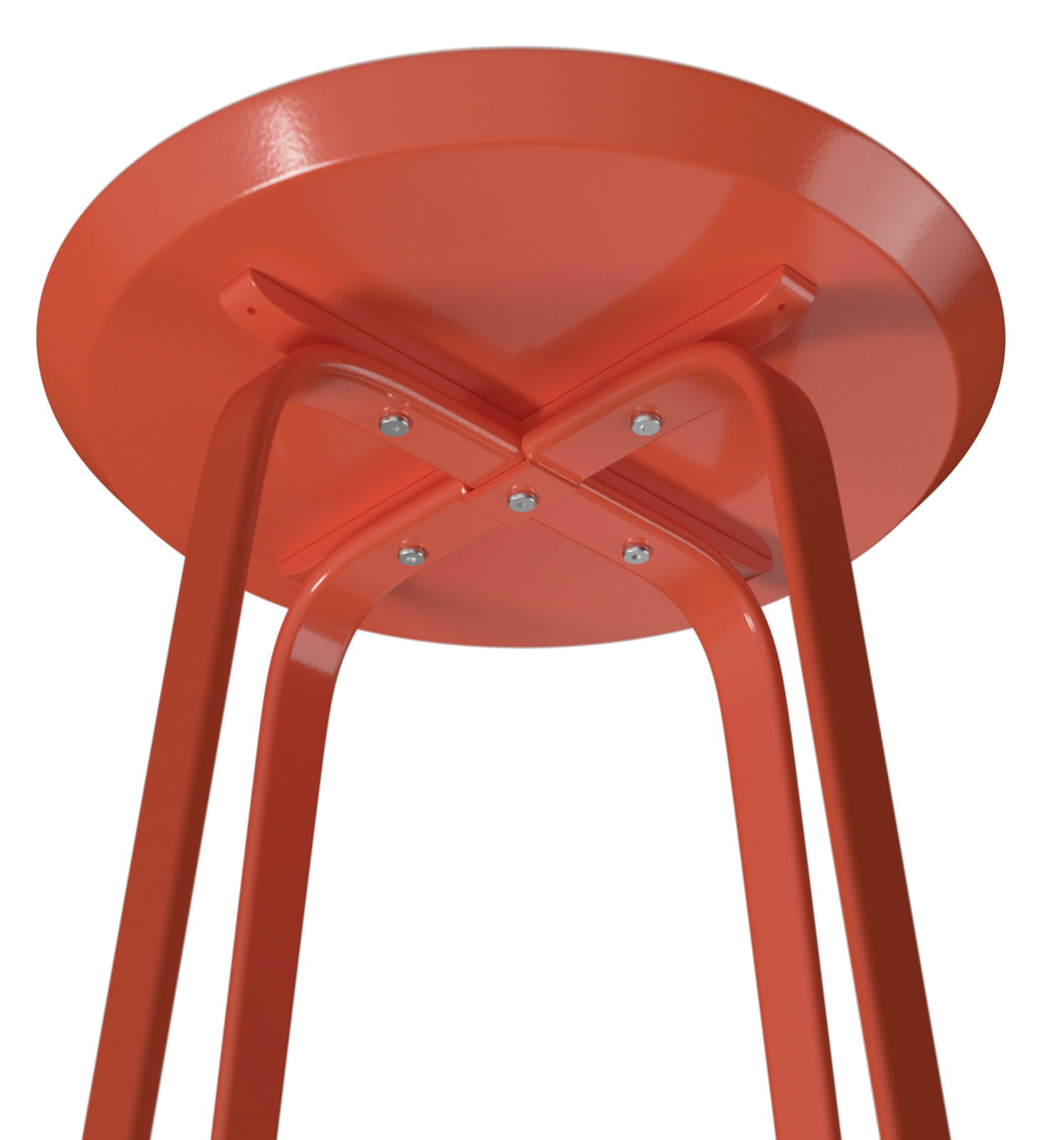 Unteransicht eines orangefarbenen Beistelltisches mit Metallbeinen und runder Tischplatte.