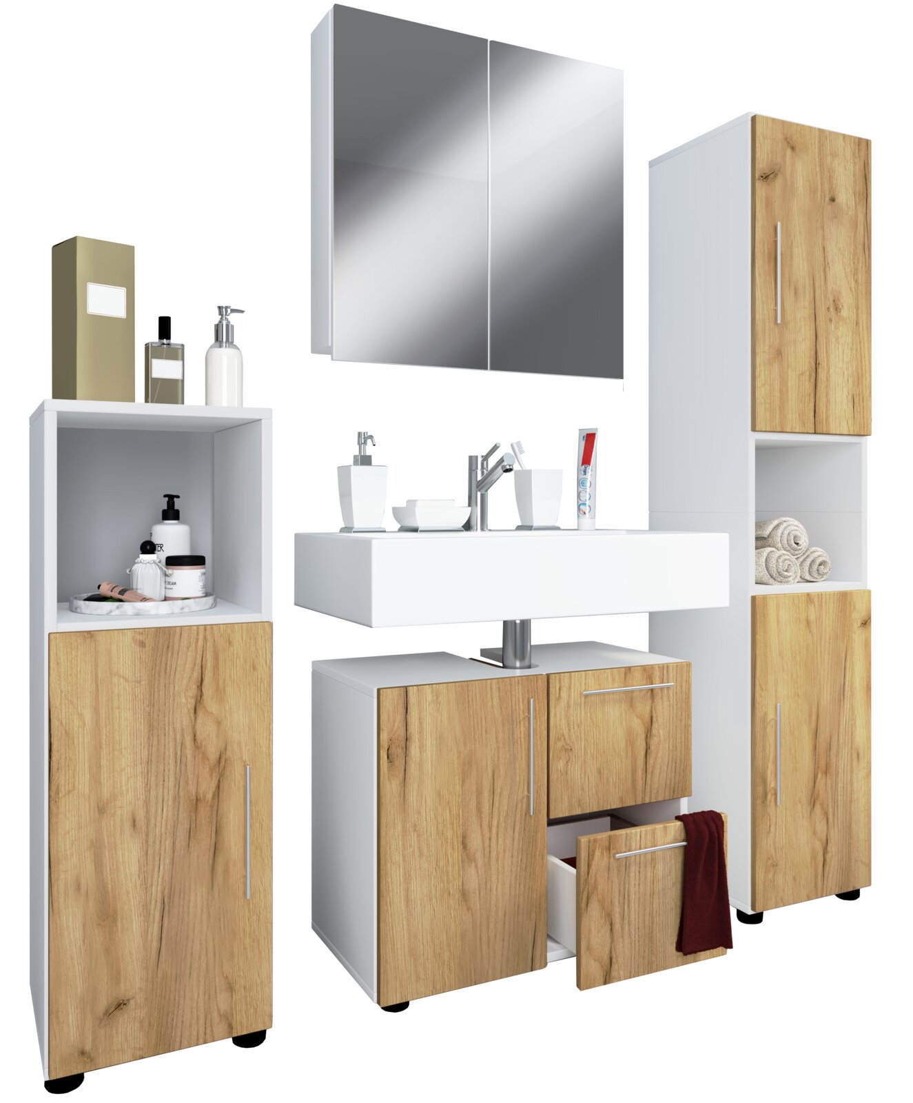Modernes Badmöbel-Set in Weiß mit Holzoptik-Fronten: Waschtischunterschrank mit Waschbecken, Spiegelschrank sowie zwei Hochschränke, freigestellte Ansicht in leichter Front-/Seitenperspektive