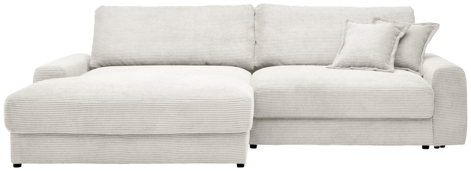 Helles, geripptes Cord-Ecksofa mit großer Ottomane links, breiten Armlehnen und zwei Kissen, Frontansicht