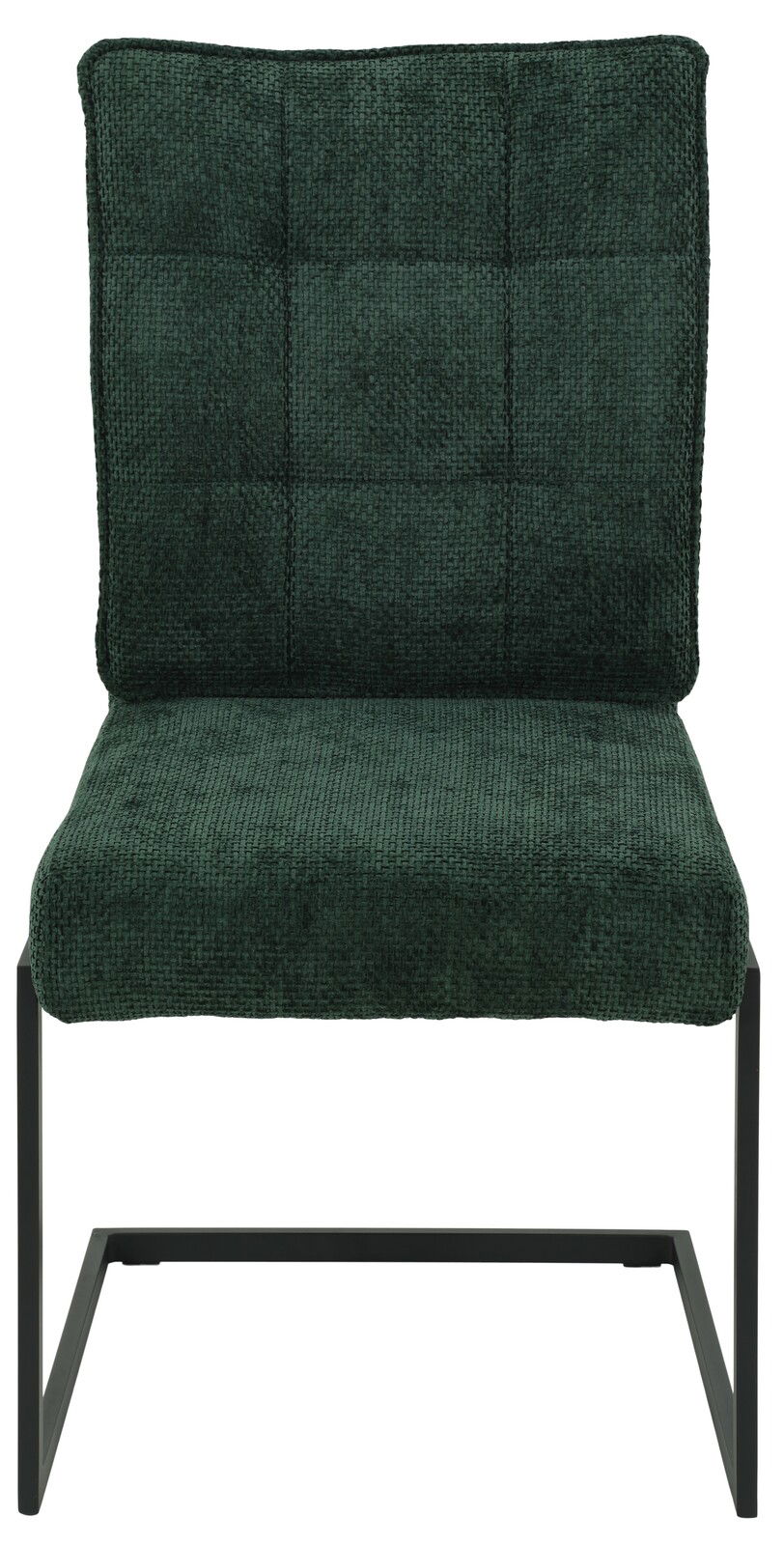 Moderner Schwingstuhl in dunkelgrünem Stoff mit schwarzem Metallgestell, Frontalansicht.