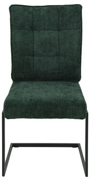 Moderner Schwingstuhl in dunkelgrünem Stoff mit schwarzem Metallgestell, Frontalansicht.