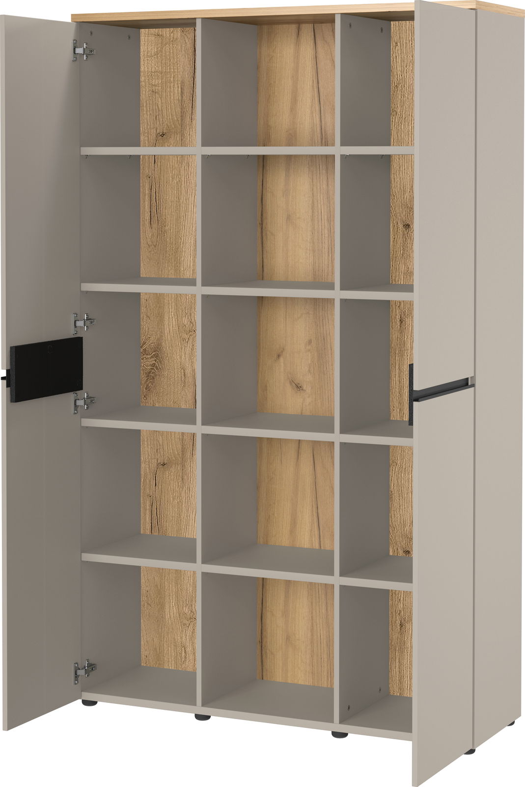 Kombischrank mit offenen Türen, zeigt mehrere Fächer in Holzoptik, Perspektive von vorne.