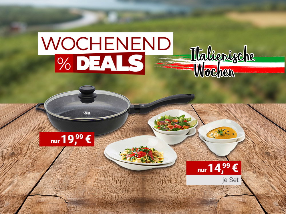 Wochenend-Deals: Pfanne und Geschirr-Set im Angebot, italienische Wochen, vor Landschaft mit See und Weinbergen